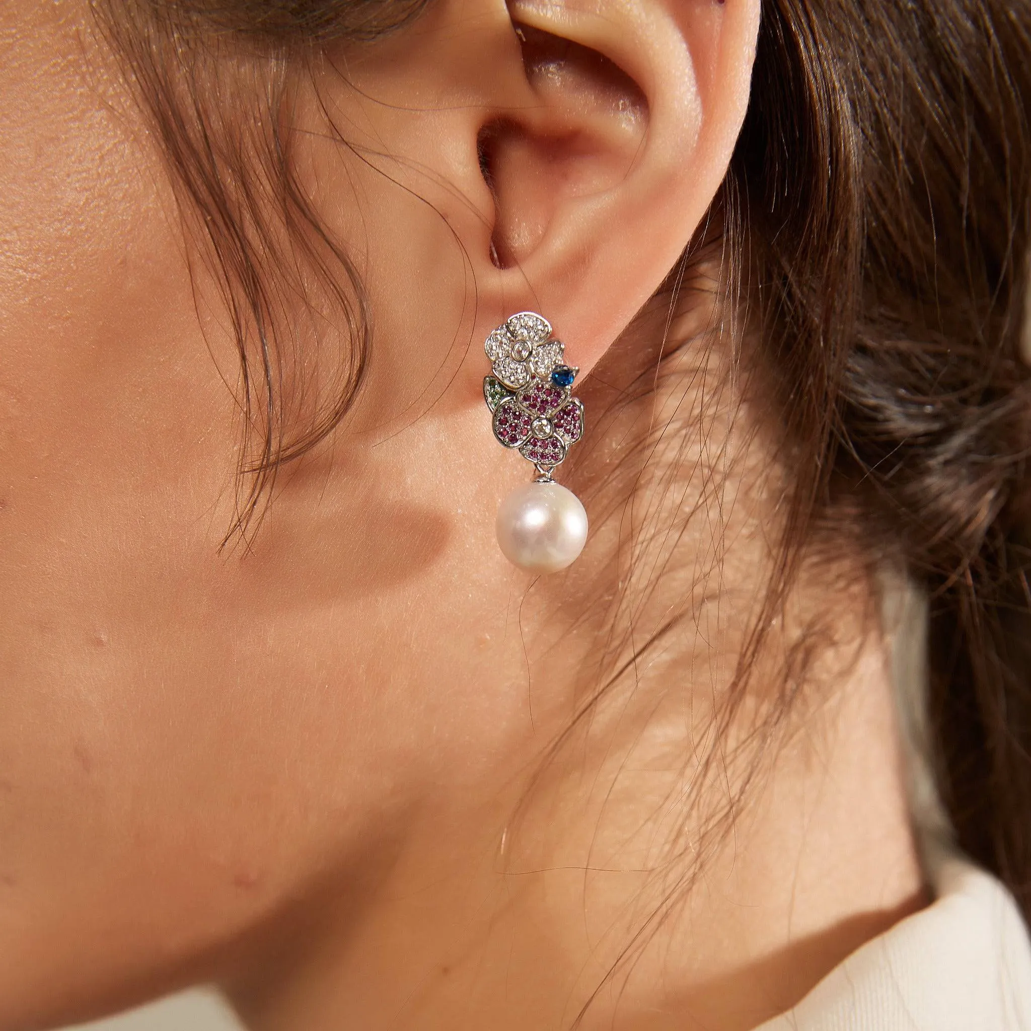 10-11mm Freshwater Pearl & Color Floral Earrings