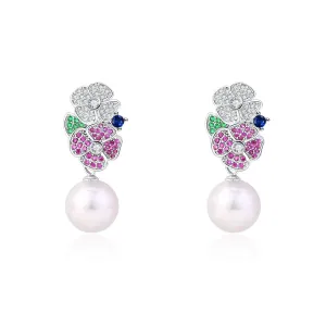 10-11mm Freshwater Pearl & Color Floral Earrings