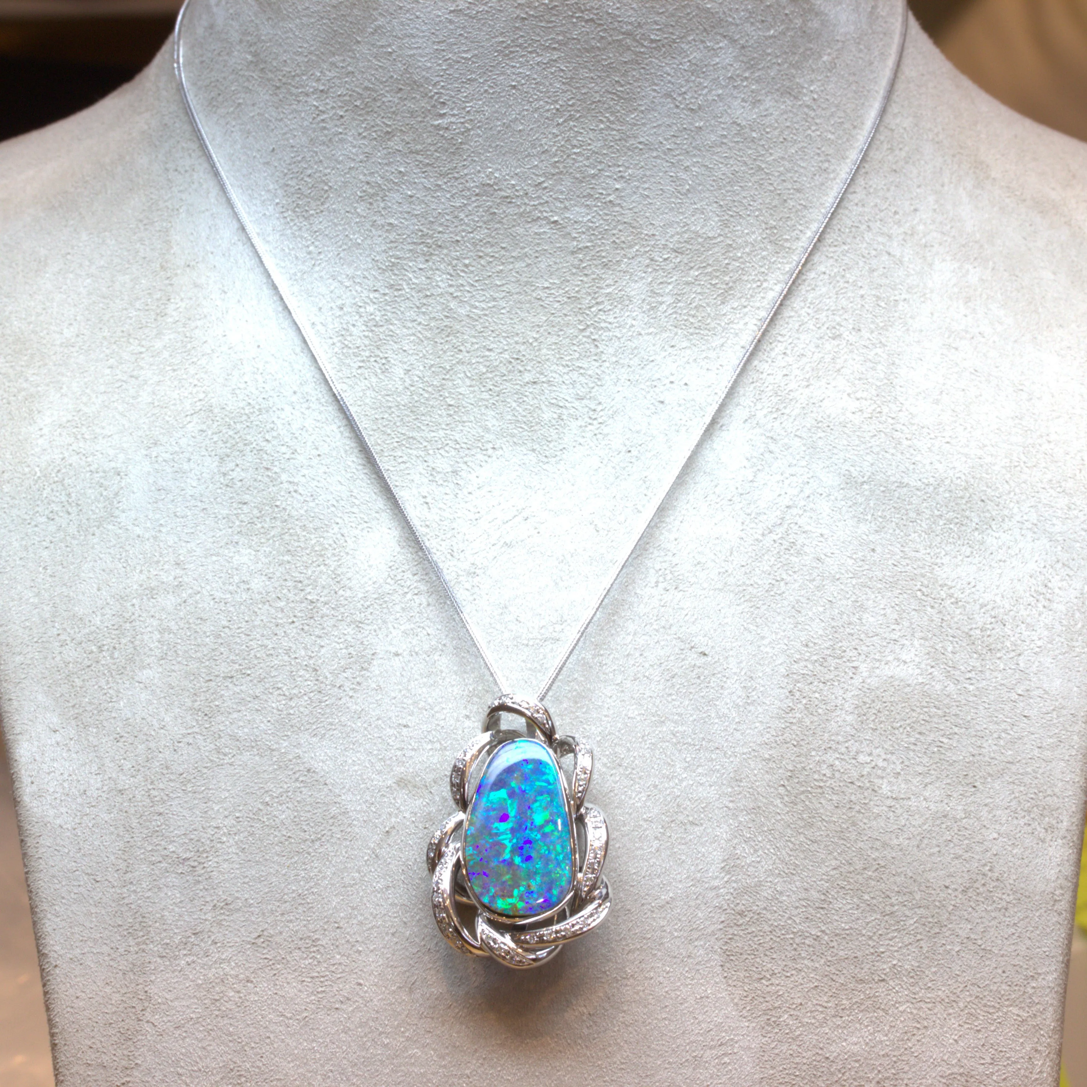 14.51 Carat Australian Boulder Opal Diamond Platinum Pendant