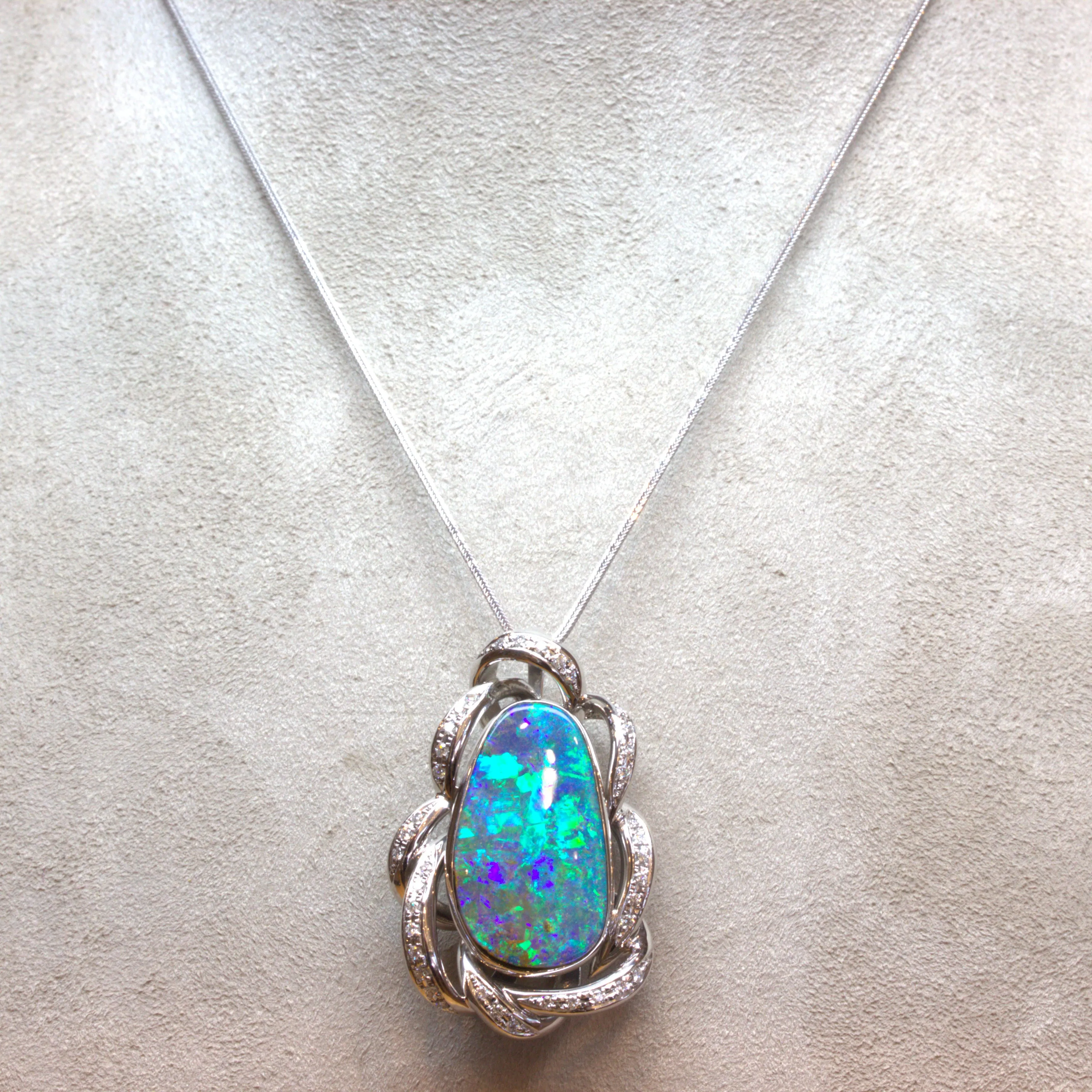 14.51 Carat Australian Boulder Opal Diamond Platinum Pendant