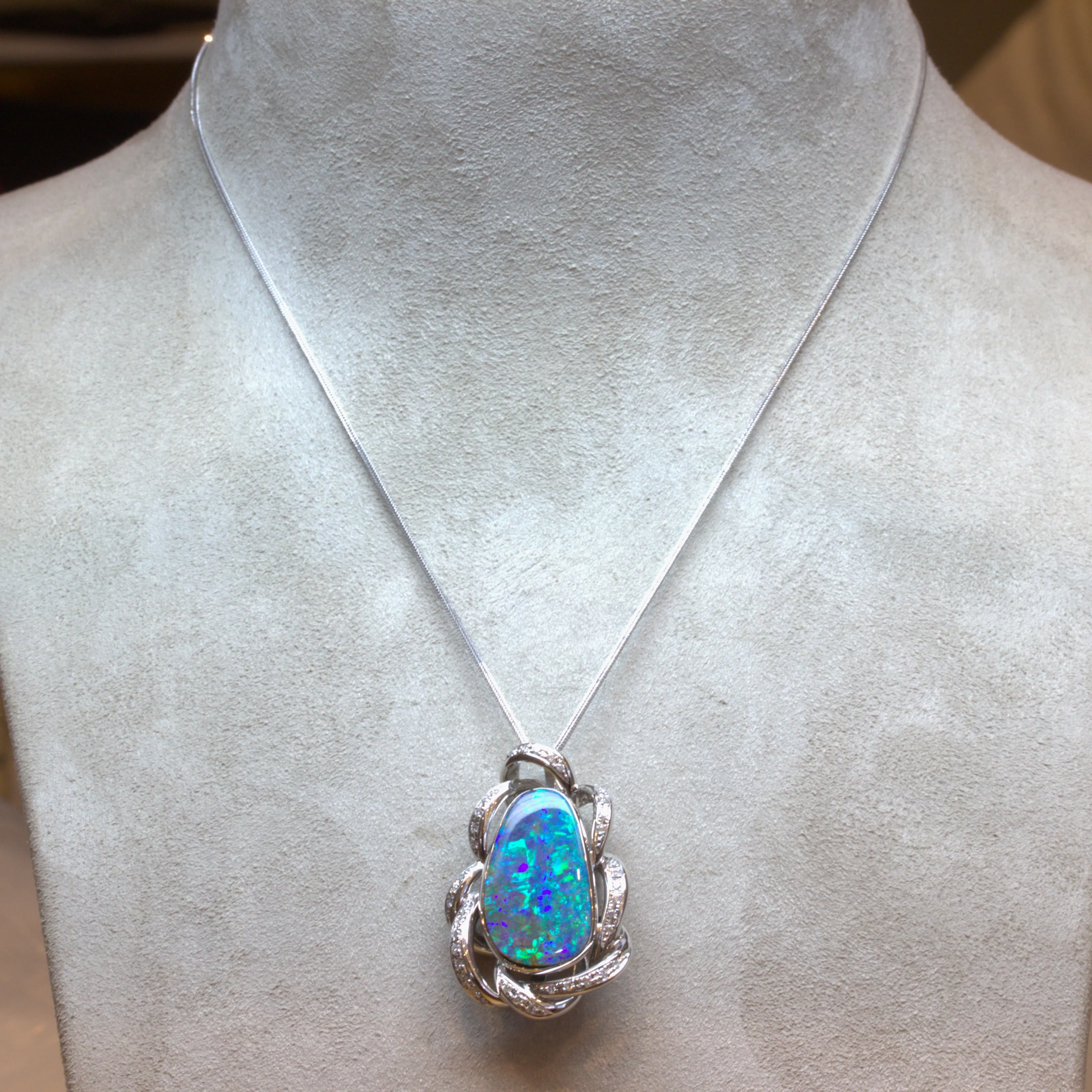 14.51 Carat Australian Boulder Opal Diamond Platinum Pendant