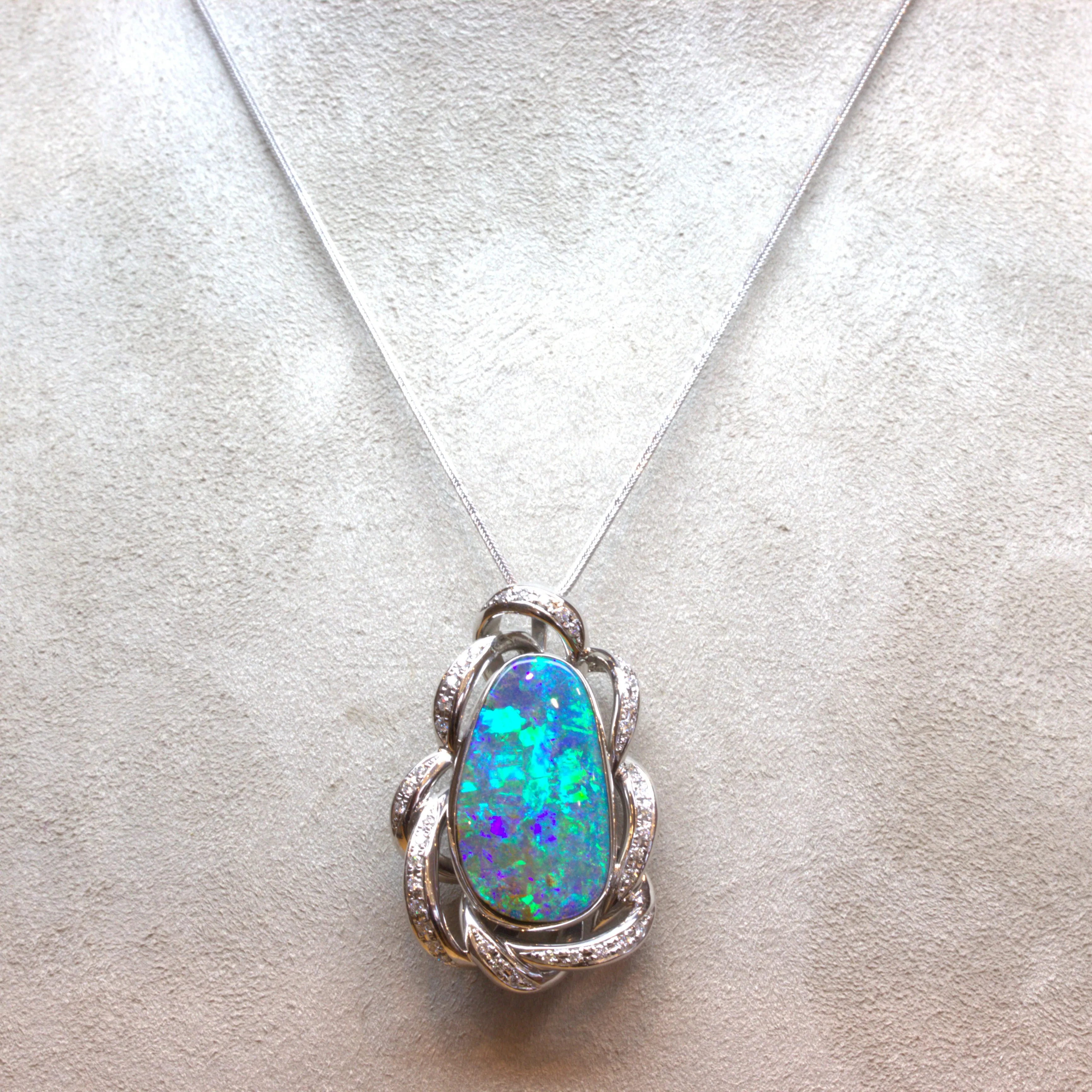 14.51 Carat Australian Boulder Opal Diamond Platinum Pendant