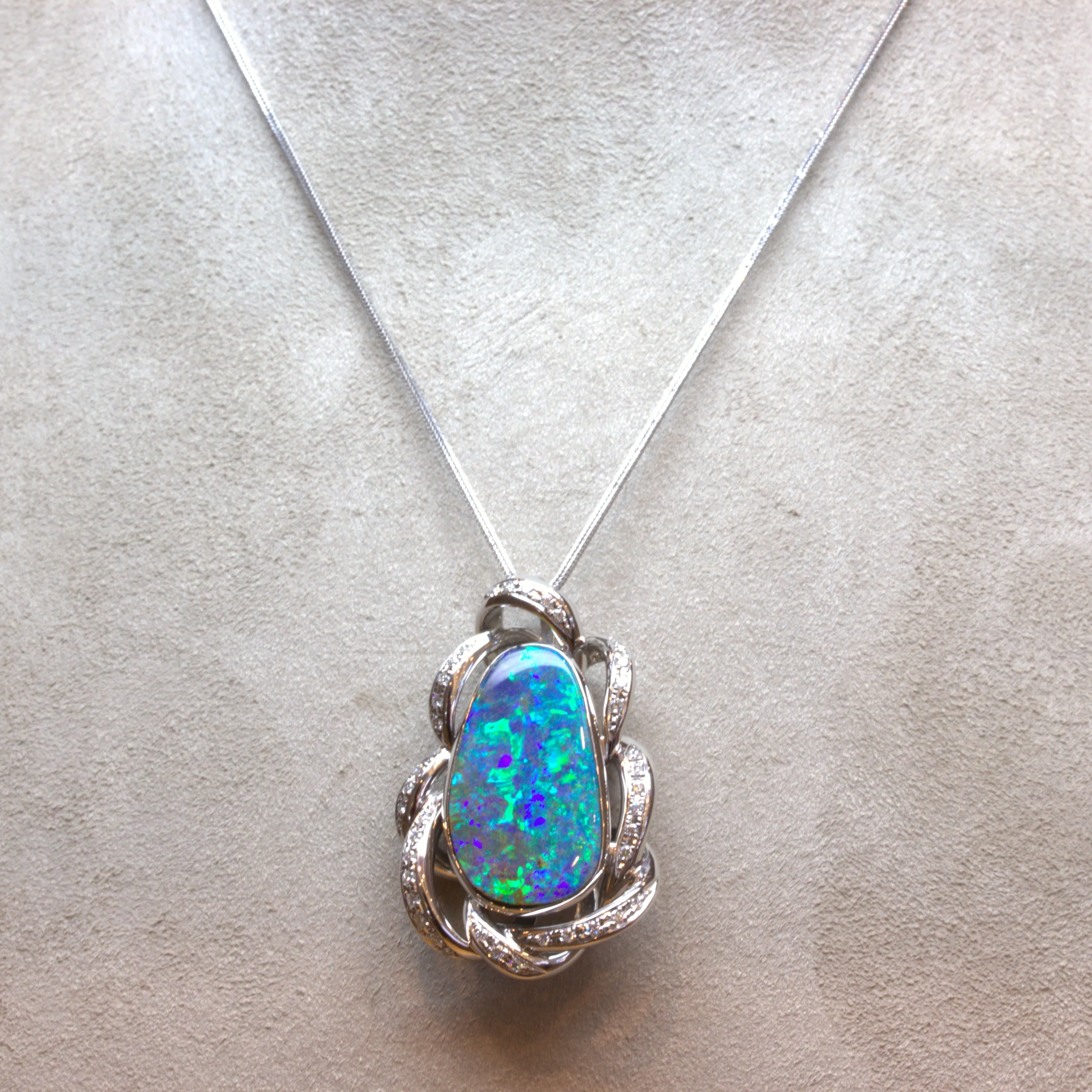 14.51 Carat Australian Boulder Opal Diamond Platinum Pendant