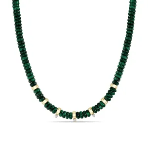 14k Gold & Malachite Rondelle Bead Necklace with 3 Prong Diamonds