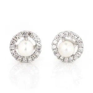 14K Gold Freshwater Pearl and Diamond Halo Studs