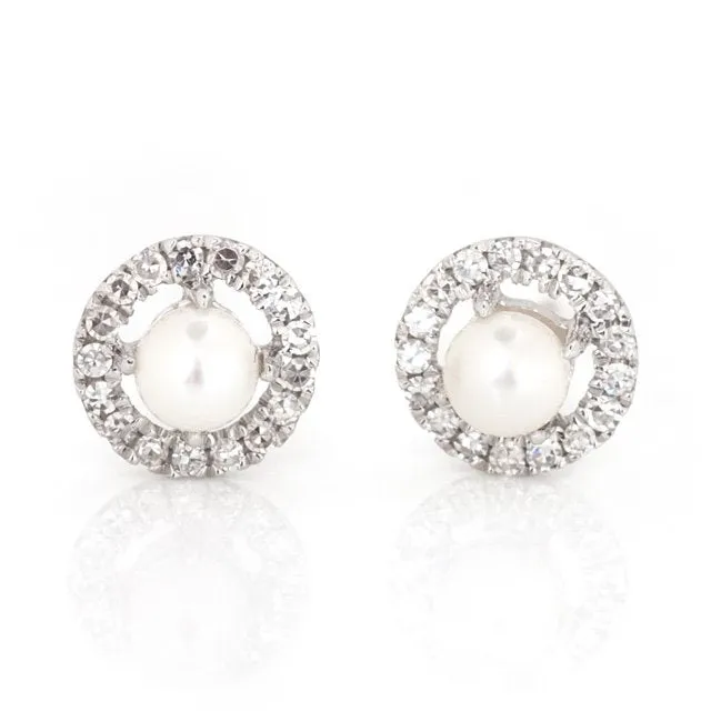 14K Gold Freshwater Pearl and Diamond Halo Studs