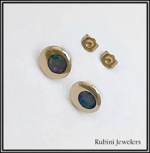 14Kt Gold Domed Circle with Doublet Opal Earrings