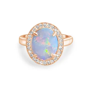 14kt Rose Gold Halo ring set with one 1.88ct White Opal and Diamonds