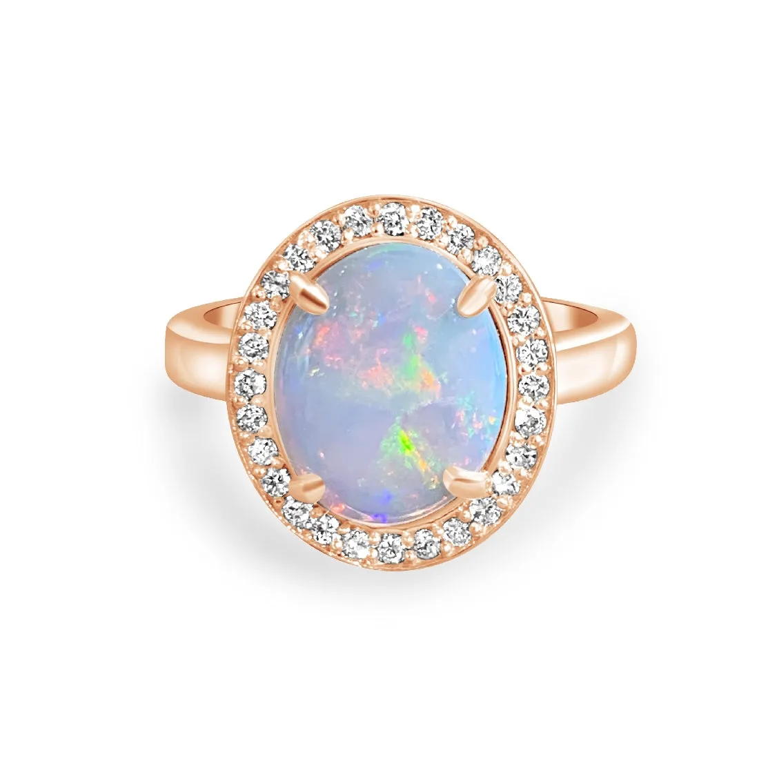14kt Rose Gold Halo ring set with one 1.88ct White Opal and Diamonds