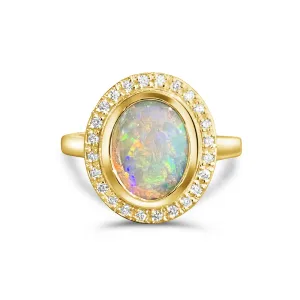 14kt Yellow Gold White Fire Opal and diamond ring