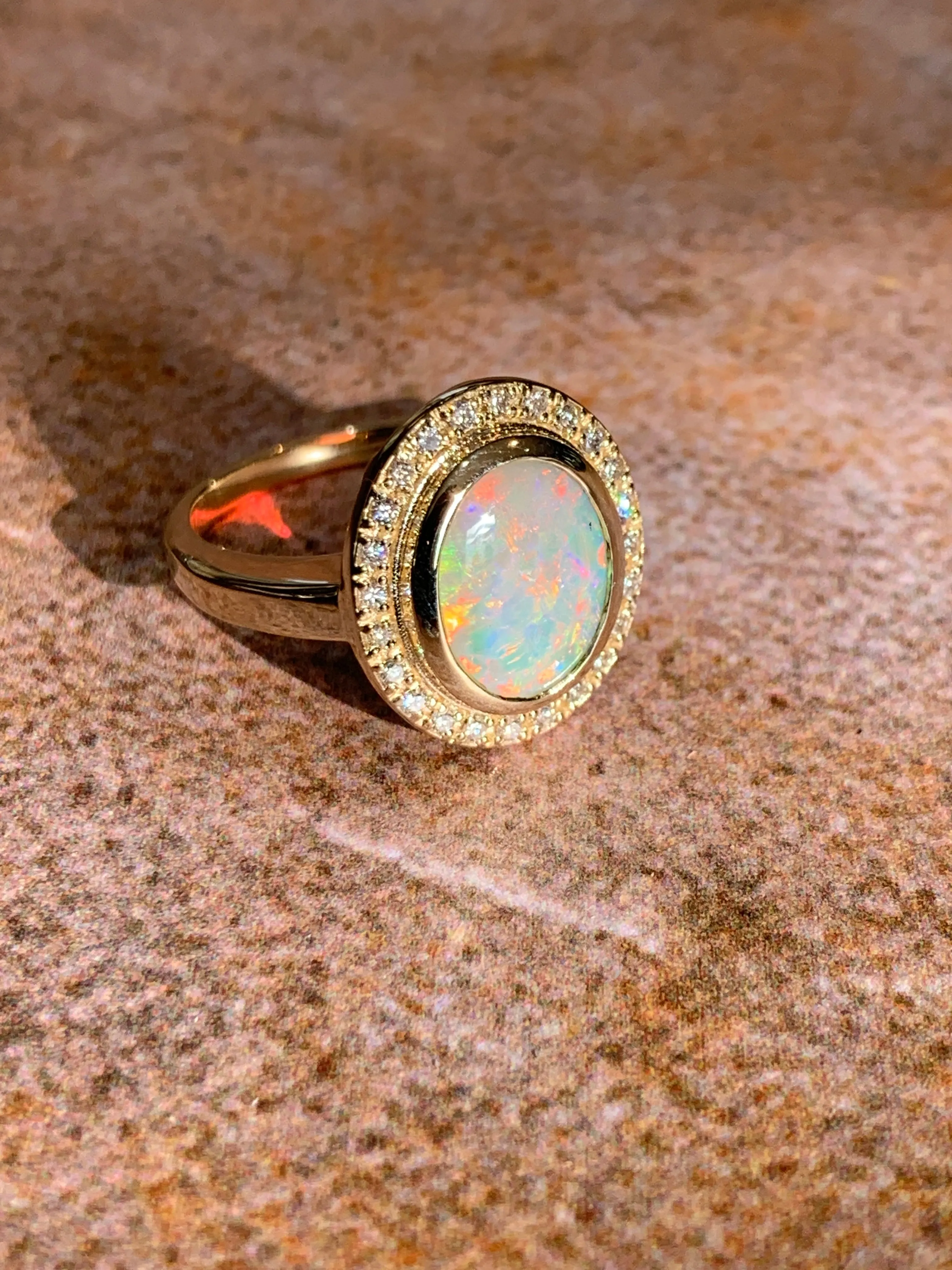 14kt Yellow Gold White Fire Opal and diamond ring