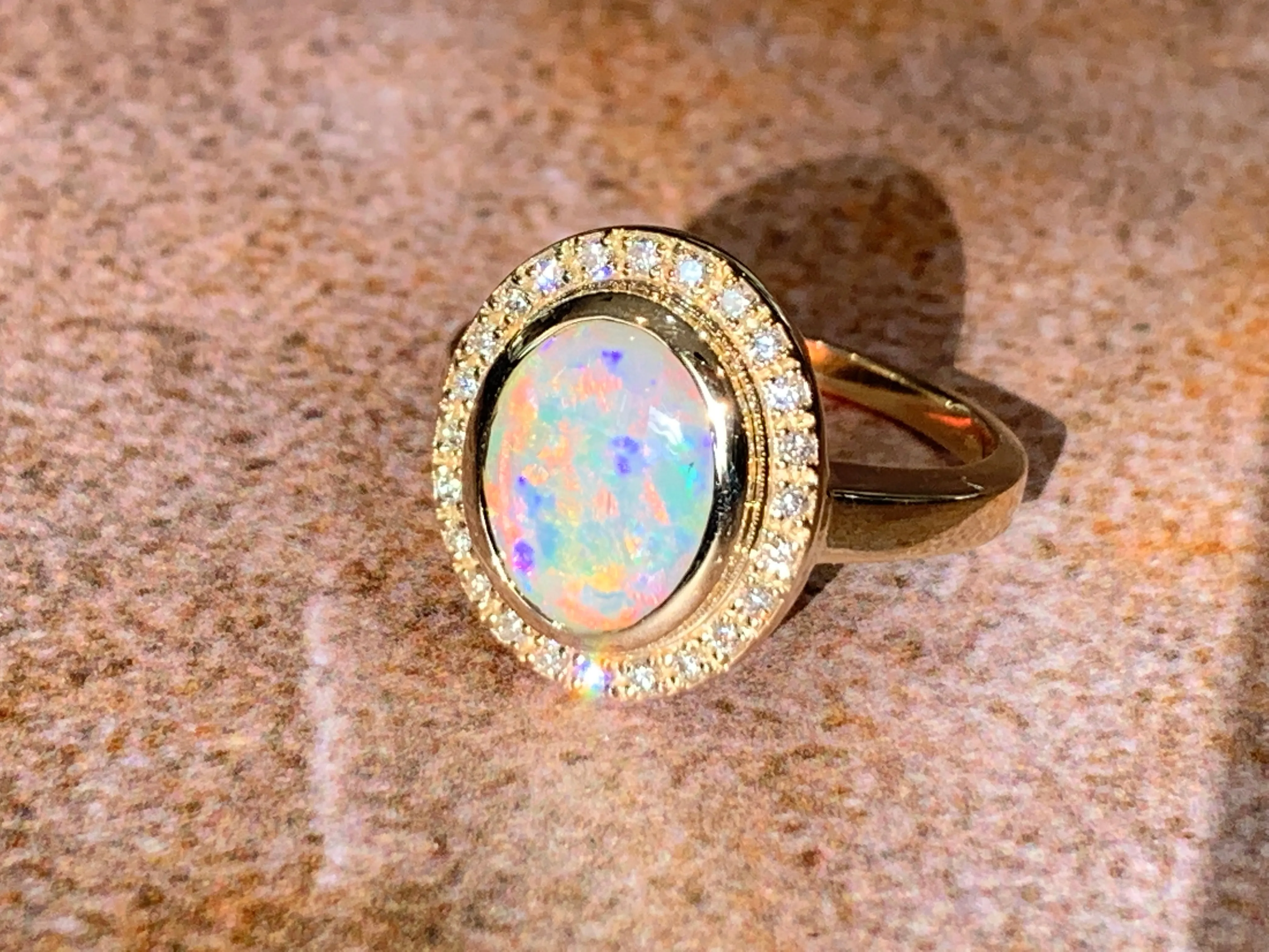 14kt Yellow Gold White Fire Opal and diamond ring