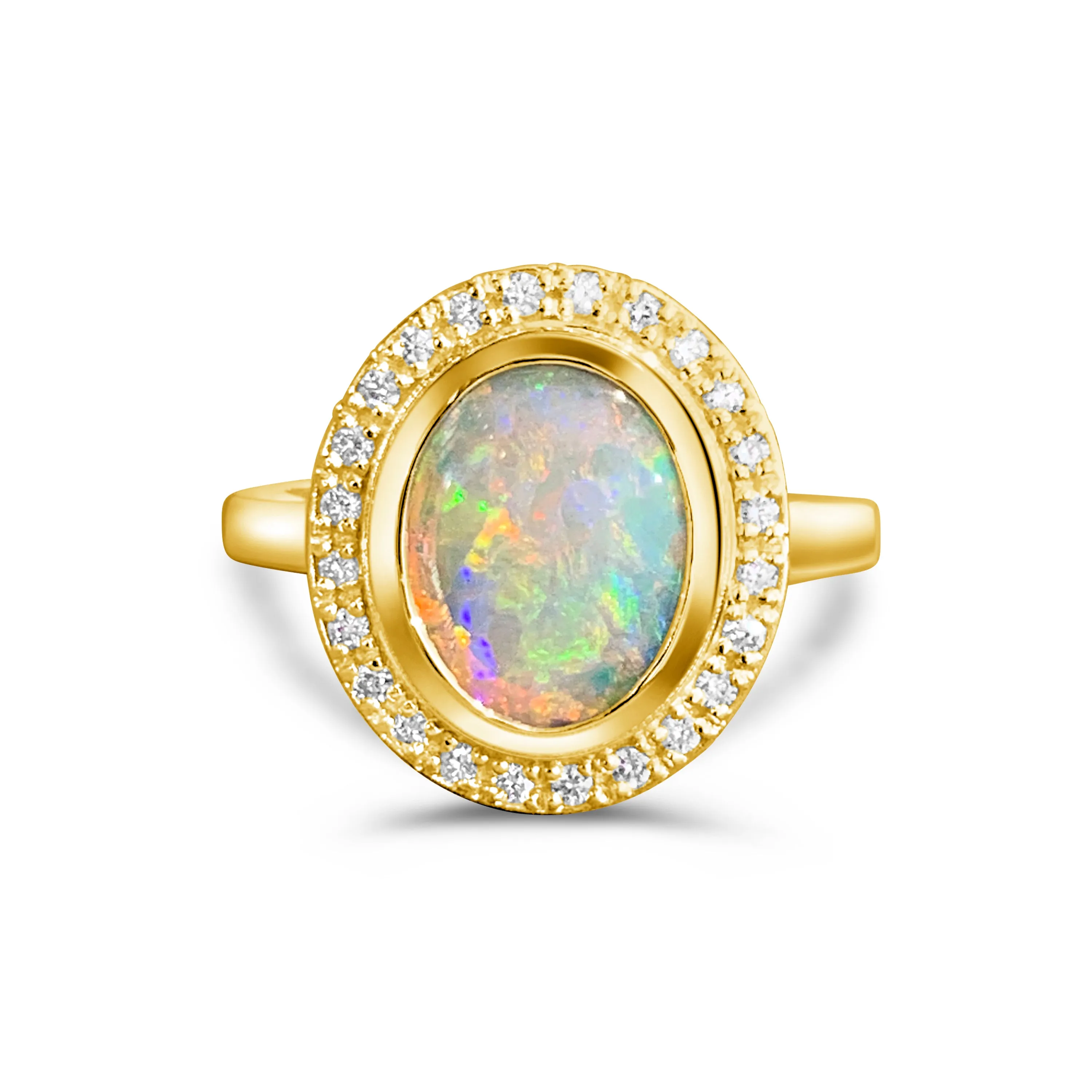 14kt Yellow Gold White Fire Opal and diamond ring