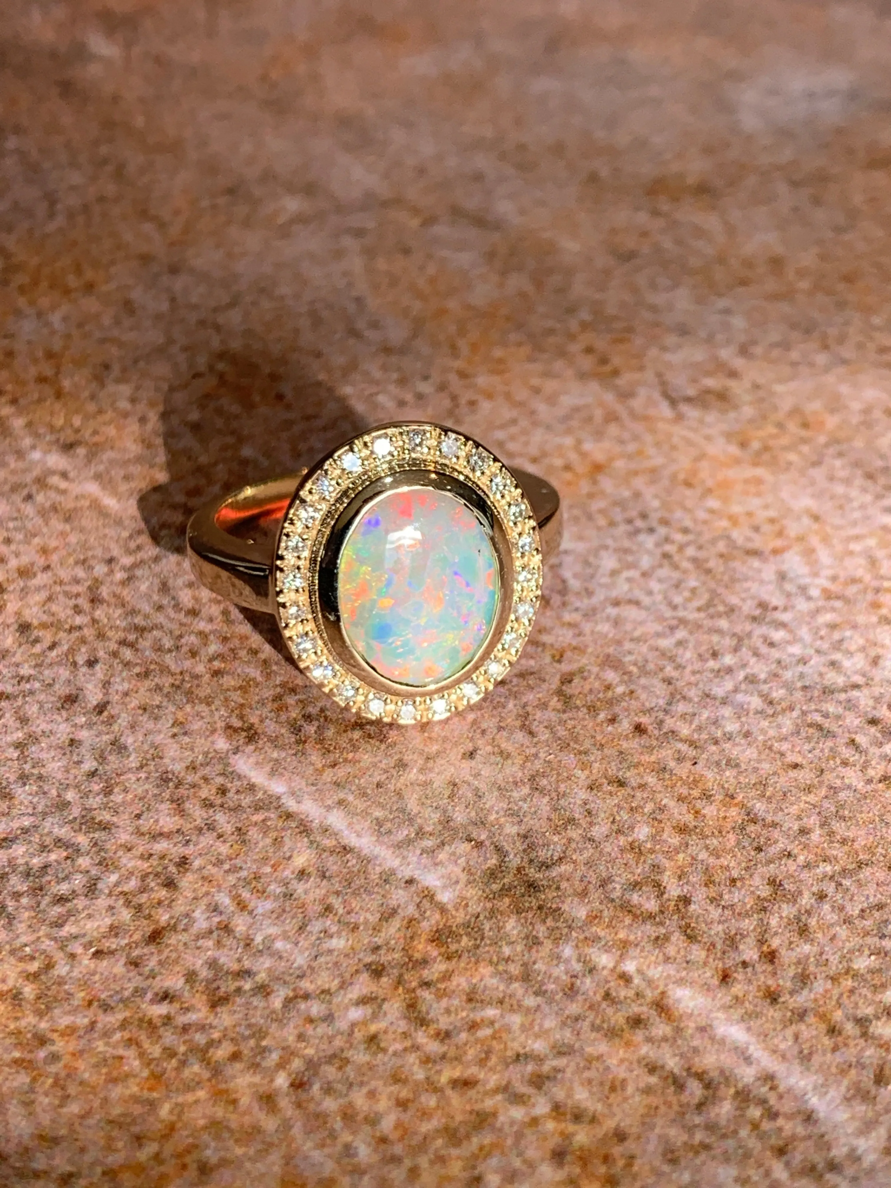 14kt Yellow Gold White Fire Opal and diamond ring