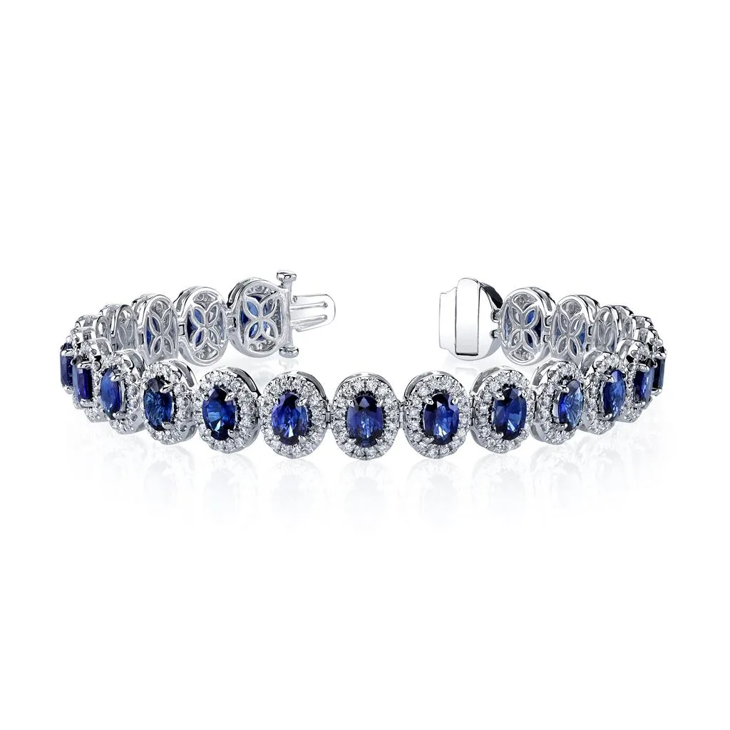 18k White Gold Oval Cut Sapphire and Diamond Halo Bracelet