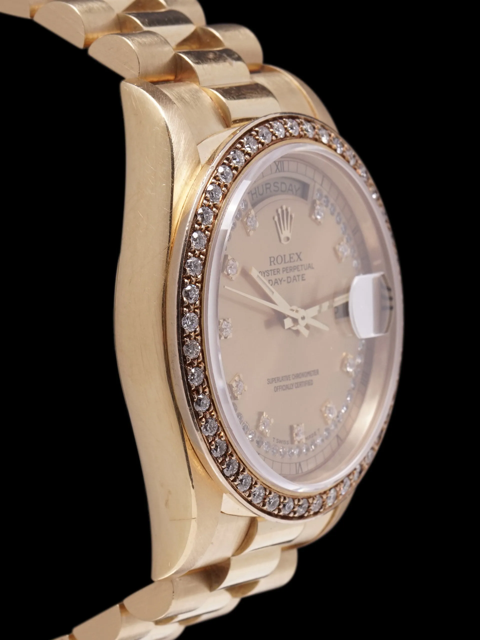 1989 Rolex Day-Date 18k YG (Ref. 18348) String Dial W/ Factory Diamond Bezel W/ Box & Papers