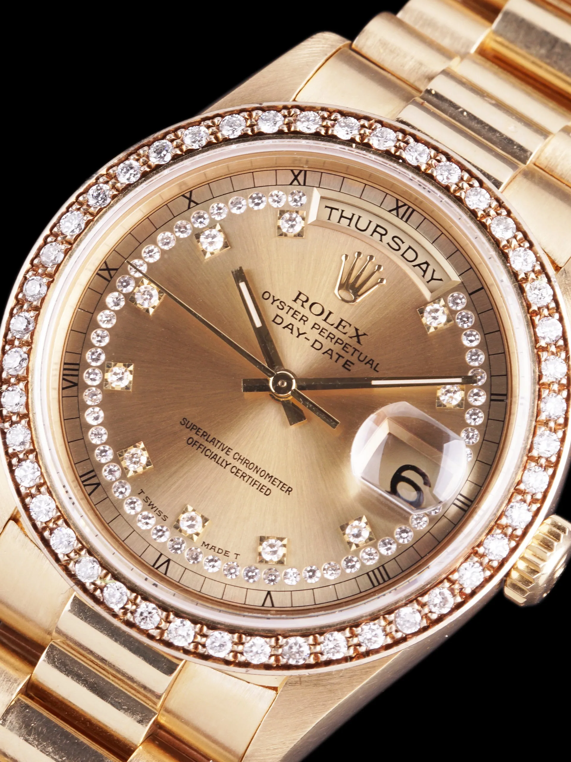1989 Rolex Day-Date 18k YG (Ref. 18348) String Dial W/ Factory Diamond Bezel W/ Box & Papers