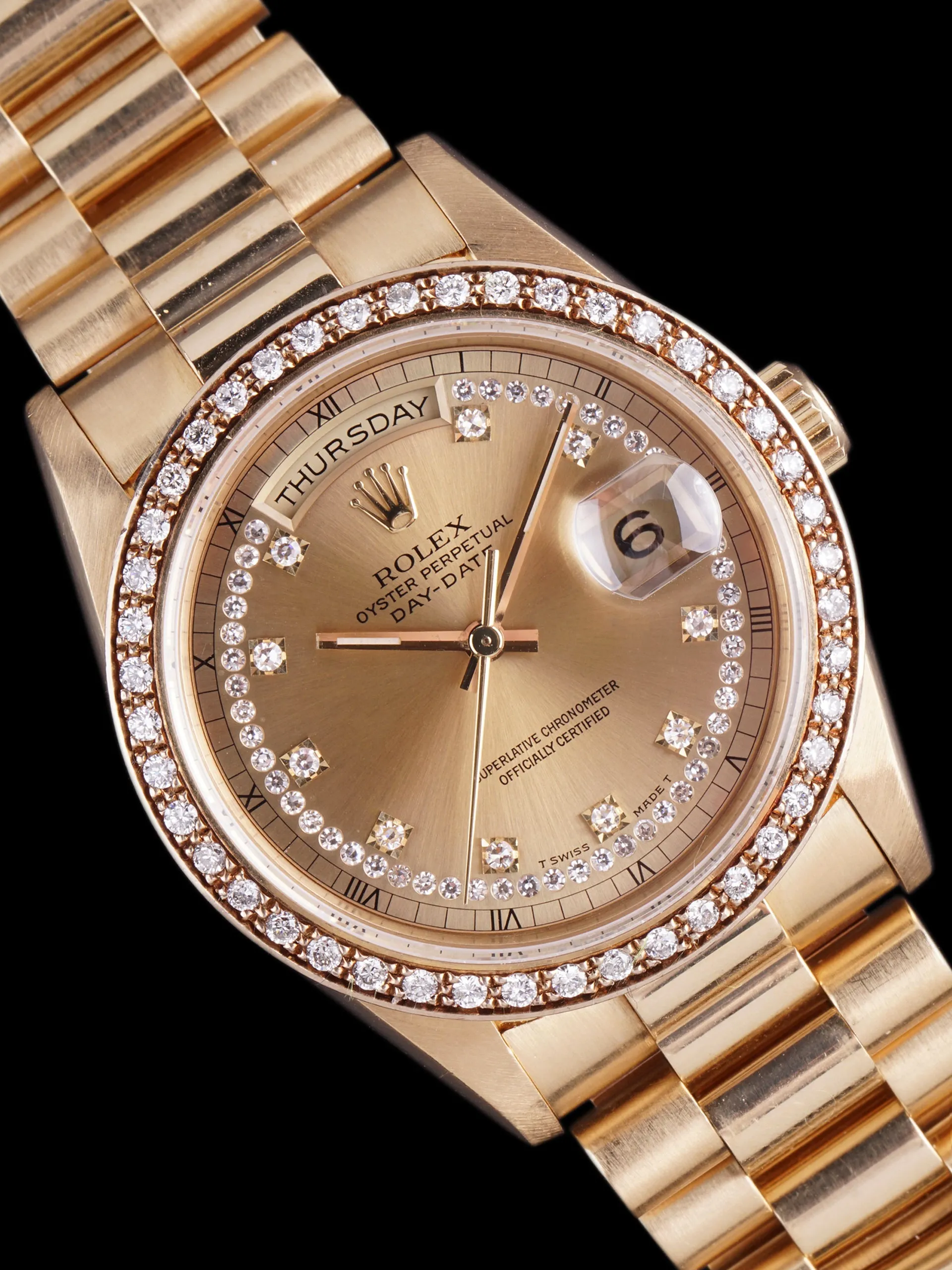 1989 Rolex Day-Date 18k YG (Ref. 18348) String Dial W/ Factory Diamond Bezel W/ Box & Papers