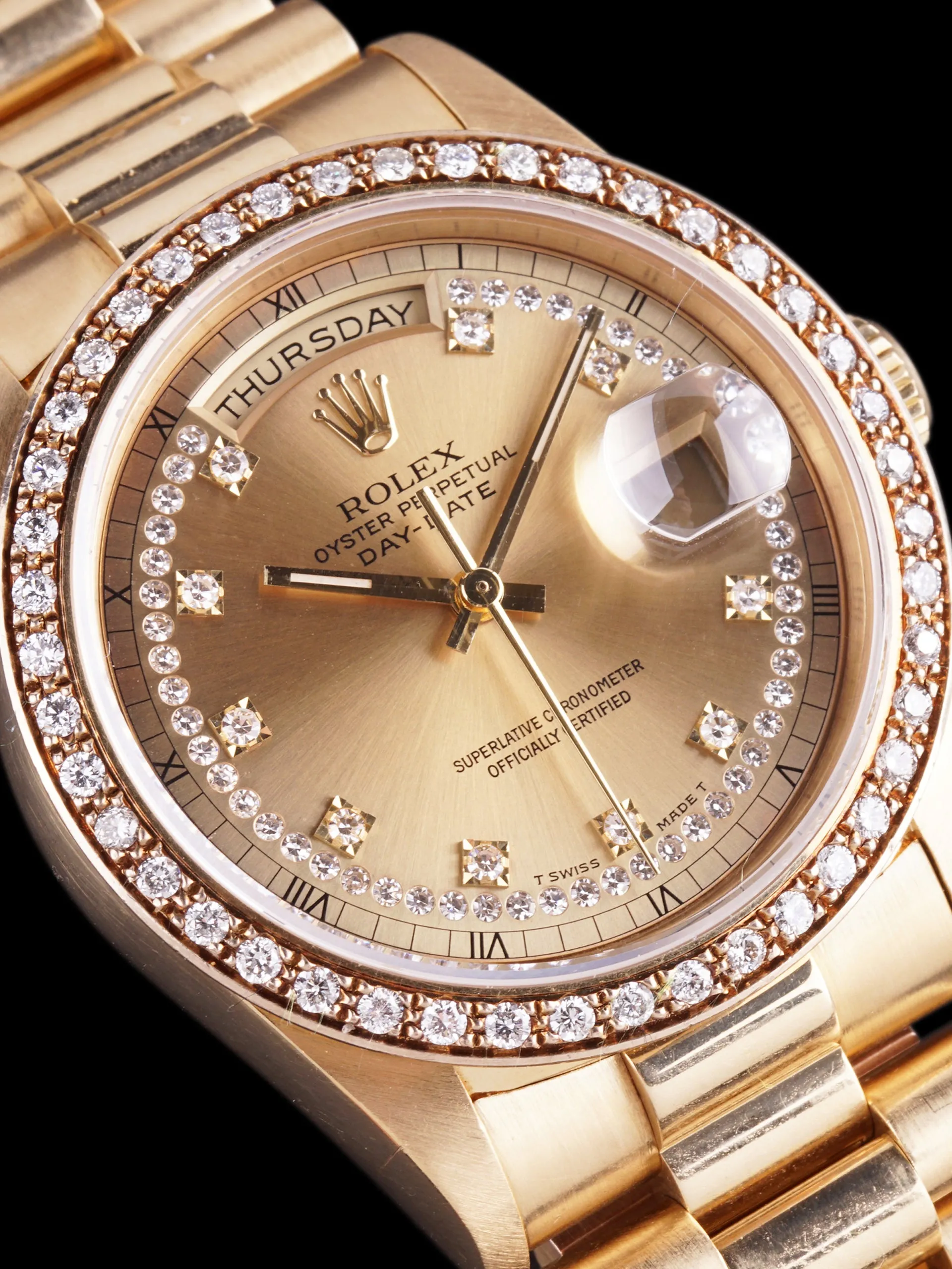 1989 Rolex Day-Date 18k YG (Ref. 18348) String Dial W/ Factory Diamond Bezel W/ Box & Papers
