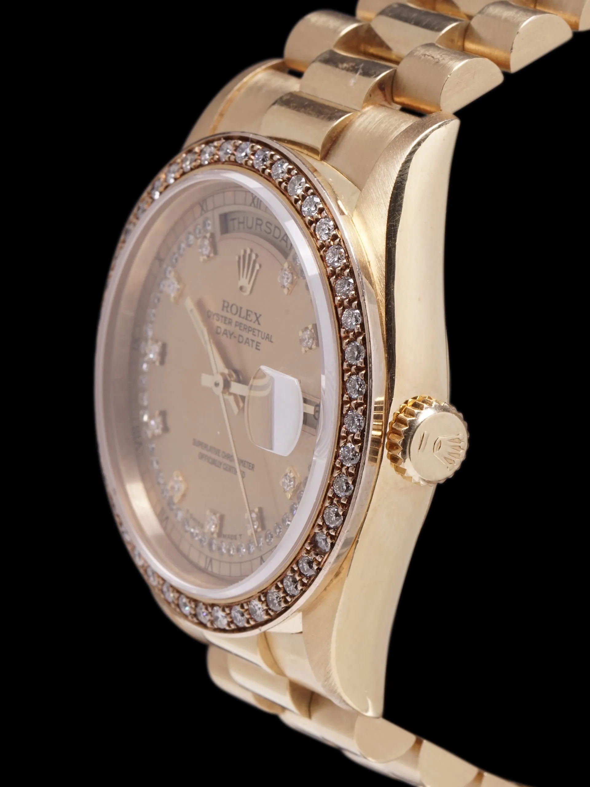 1989 Rolex Day-Date 18k YG (Ref. 18348) String Dial W/ Factory Diamond Bezel W/ Box & Papers