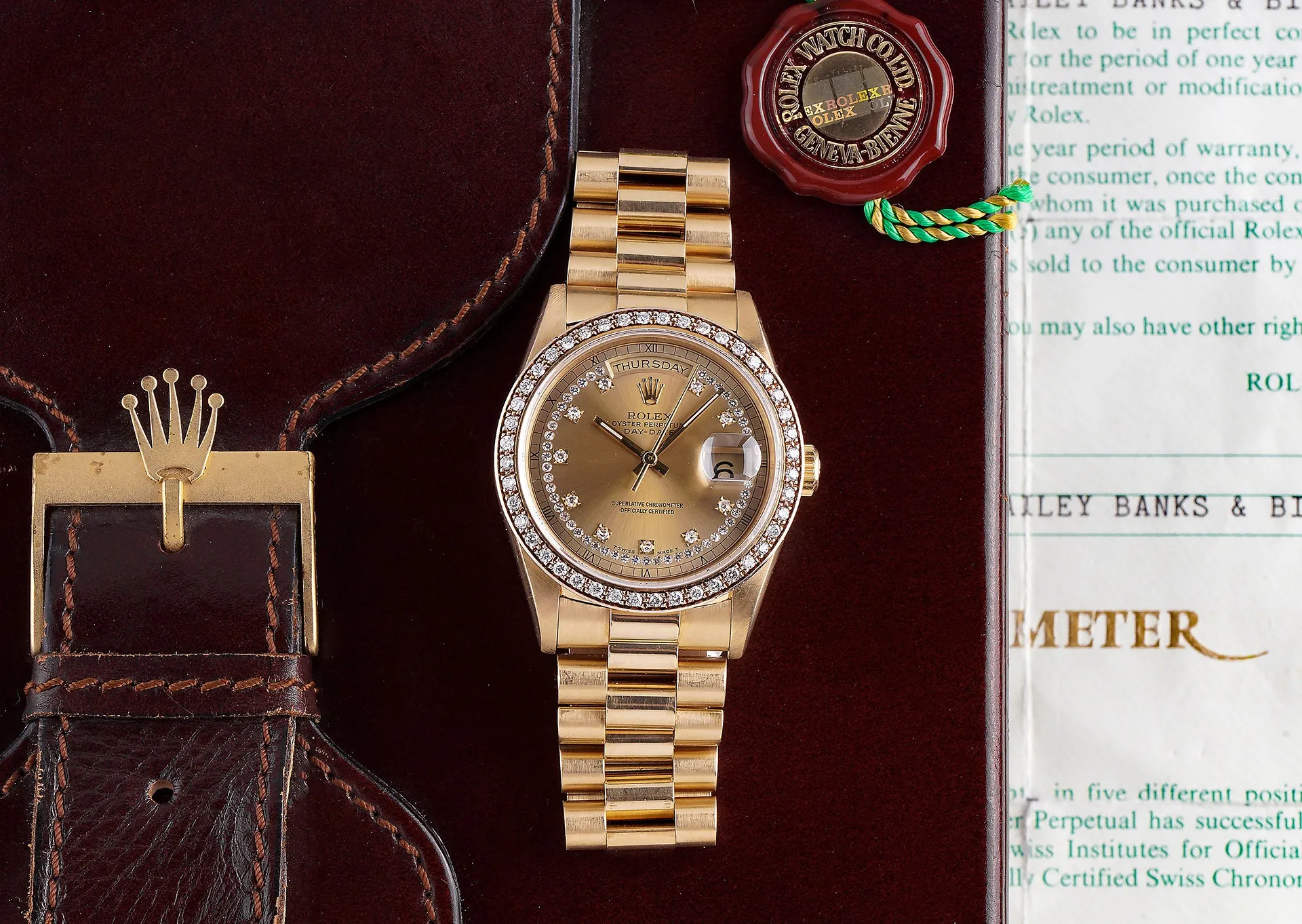 1989 Rolex Day-Date 18k YG (Ref. 18348) String Dial W/ Factory Diamond Bezel W/ Box & Papers