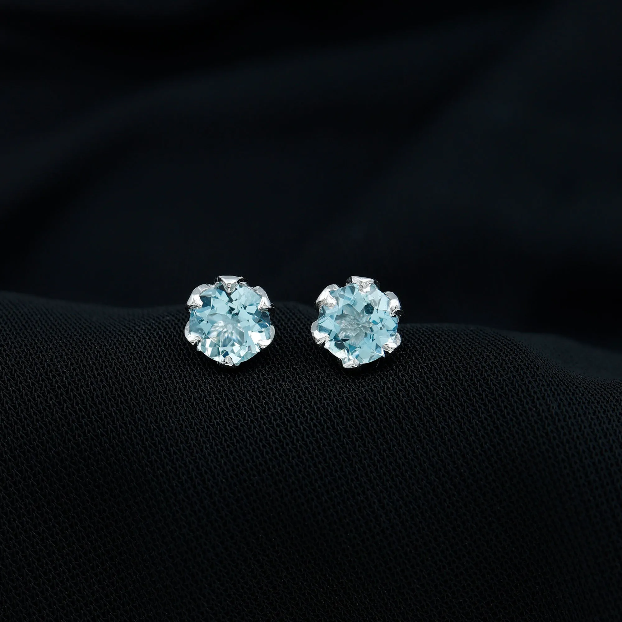 2 CT Lotus Basket Set Aquamarine Stud Earrings for Her