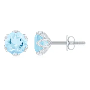 2 CT Lotus Basket Set Aquamarine Stud Earrings for Her