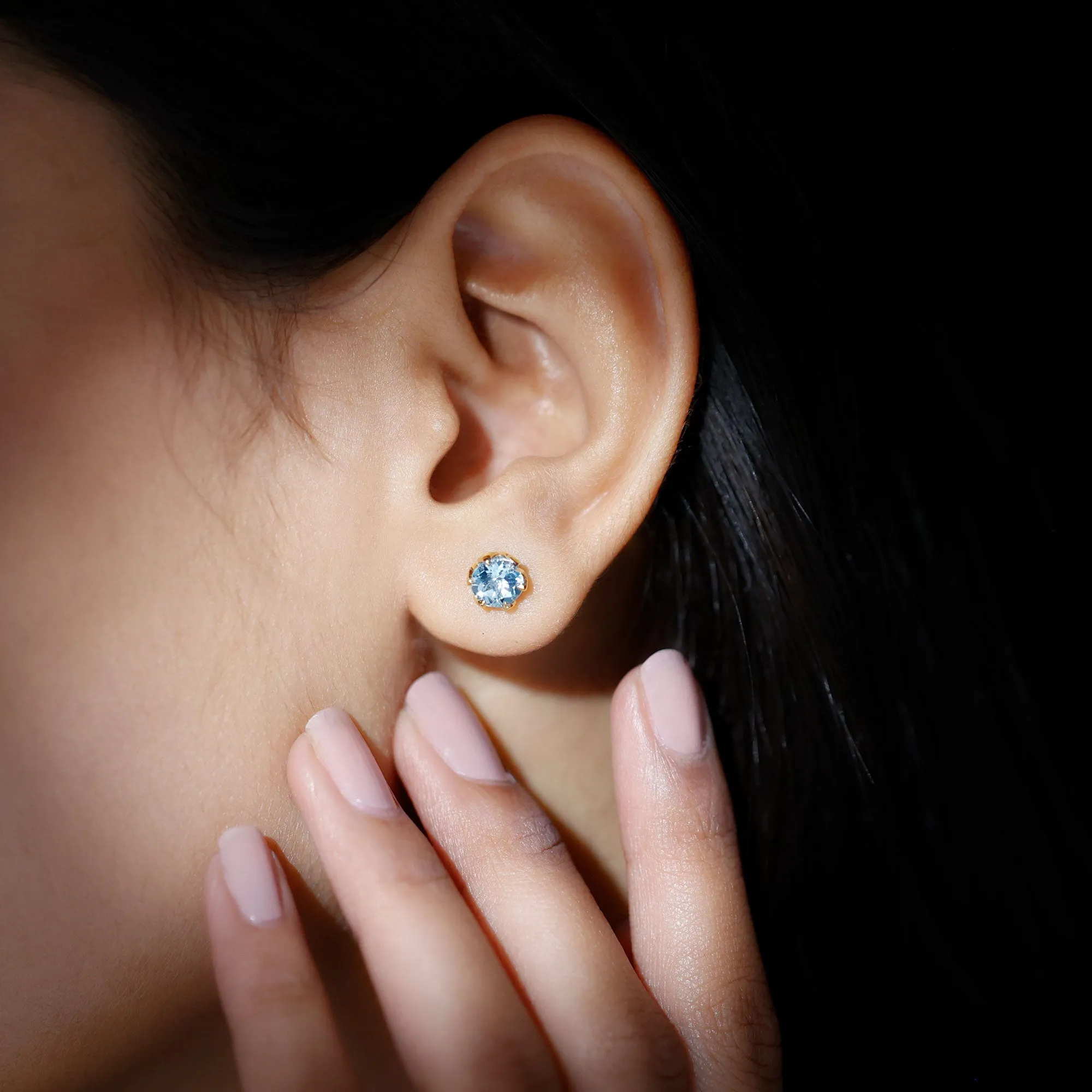 2 CT Lotus Basket Set Aquamarine Stud Earrings for Her