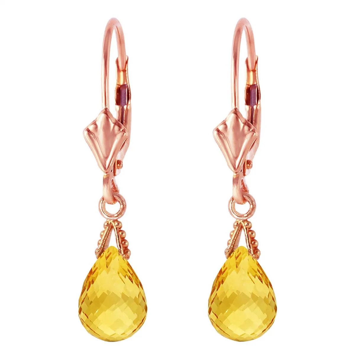 2.5 Carat 14K Solid Rose Gold Leverback Earrings Briolette Citrine
