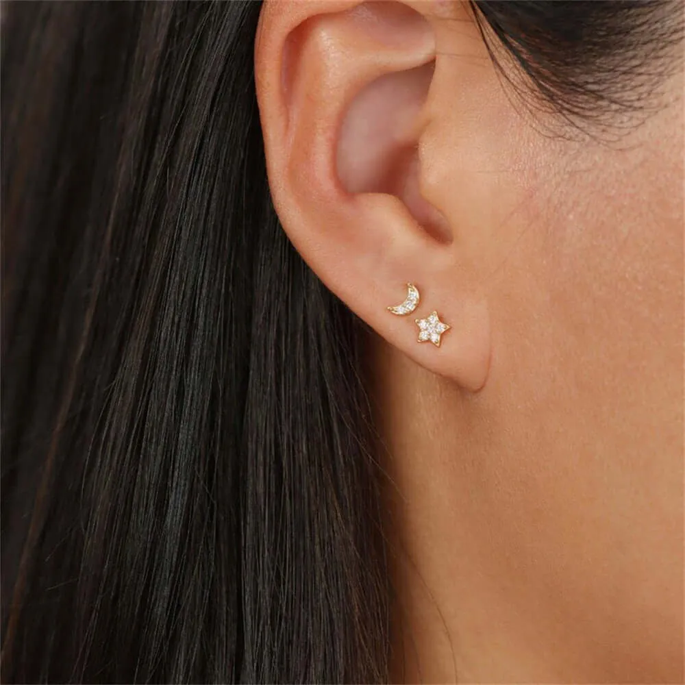 925 Silver Star And Moon CZ Diamond Front And Back Earrings