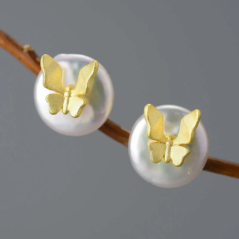 925 Silver Three-dimensional Butterfly Round Pearl Stud Earrings
