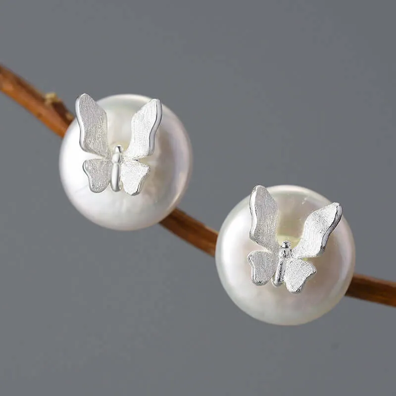 925 Silver Three-dimensional Butterfly Round Pearl Stud Earrings