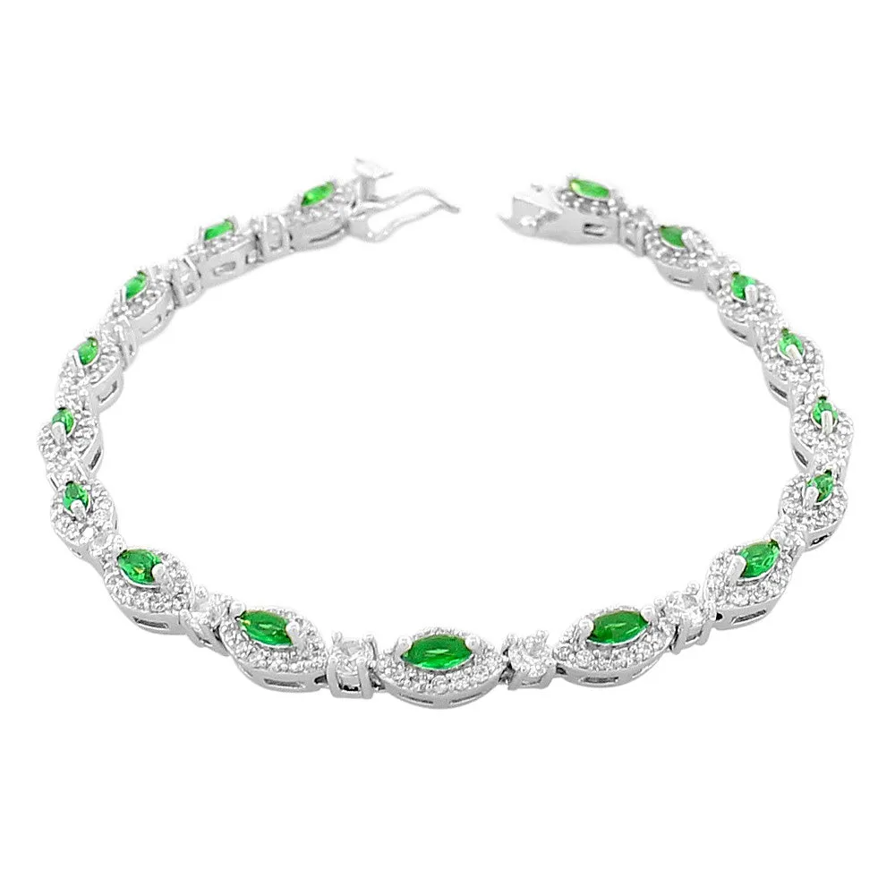925 Sterling Silver Marquise White Blue Sapphire-Tone CZ Classic Tennis Bracelet