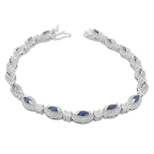 925 Sterling Silver Marquise White Blue Sapphire-Tone CZ Classic Tennis Bracelet