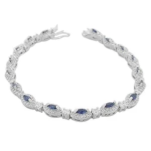 925 Sterling Silver Marquise White Blue Sapphire-Tone CZ Classic Tennis Bracelet