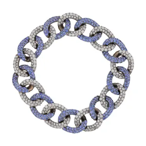 9.83Ct Sapphire and 7.64Ct Diamond Pave Chain Link Bracelet in 18k White Gold, 8in