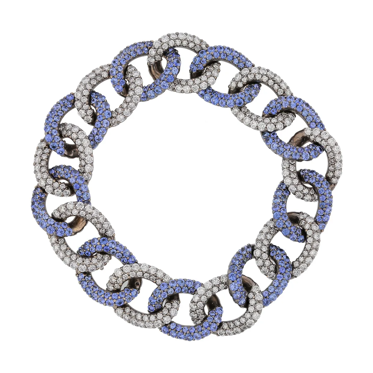 9.83Ct Sapphire and 7.64Ct Diamond Pave Chain Link Bracelet in 18k White Gold, 8in