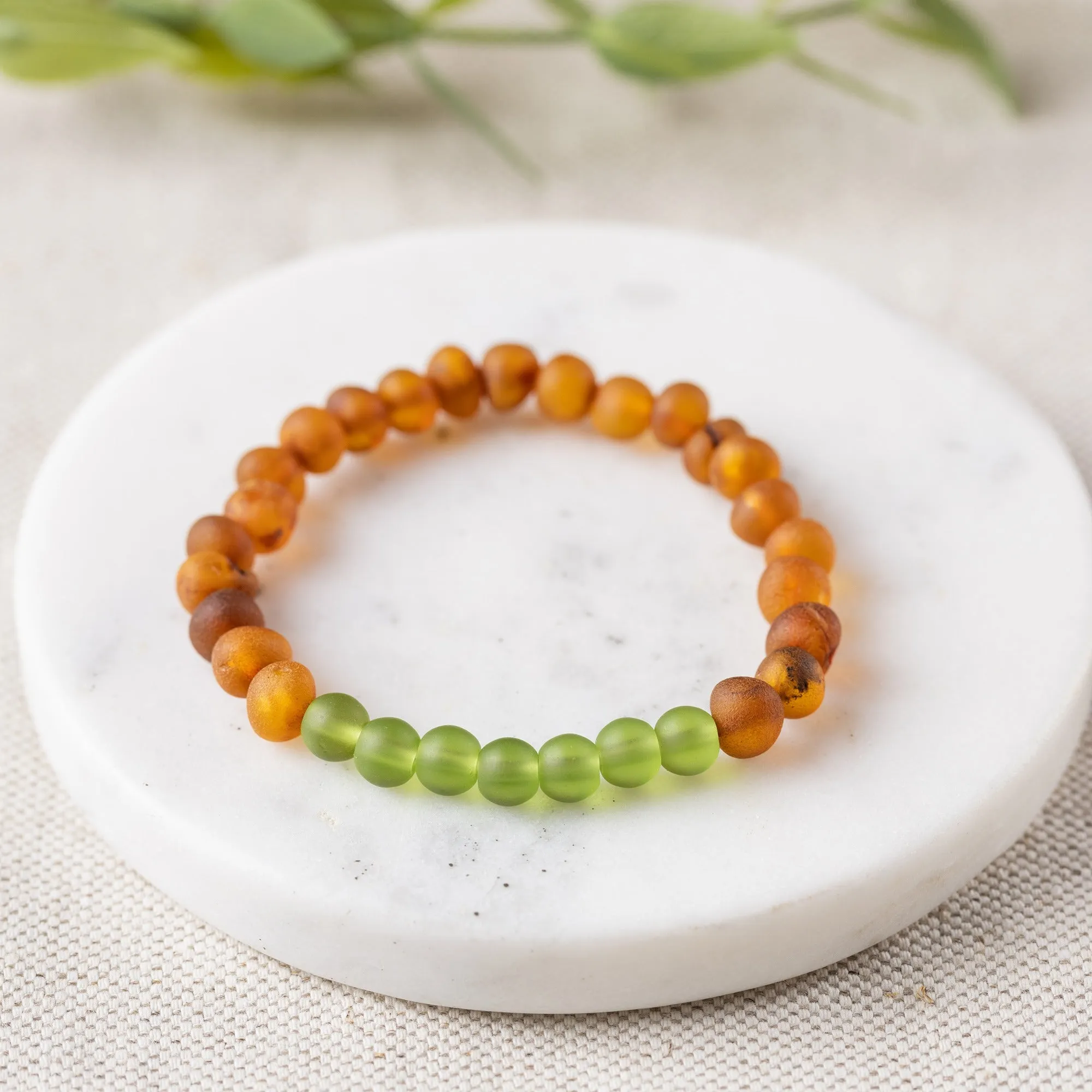 Adults | Green Sea Glass   Raw Cognac Amber Bracelet