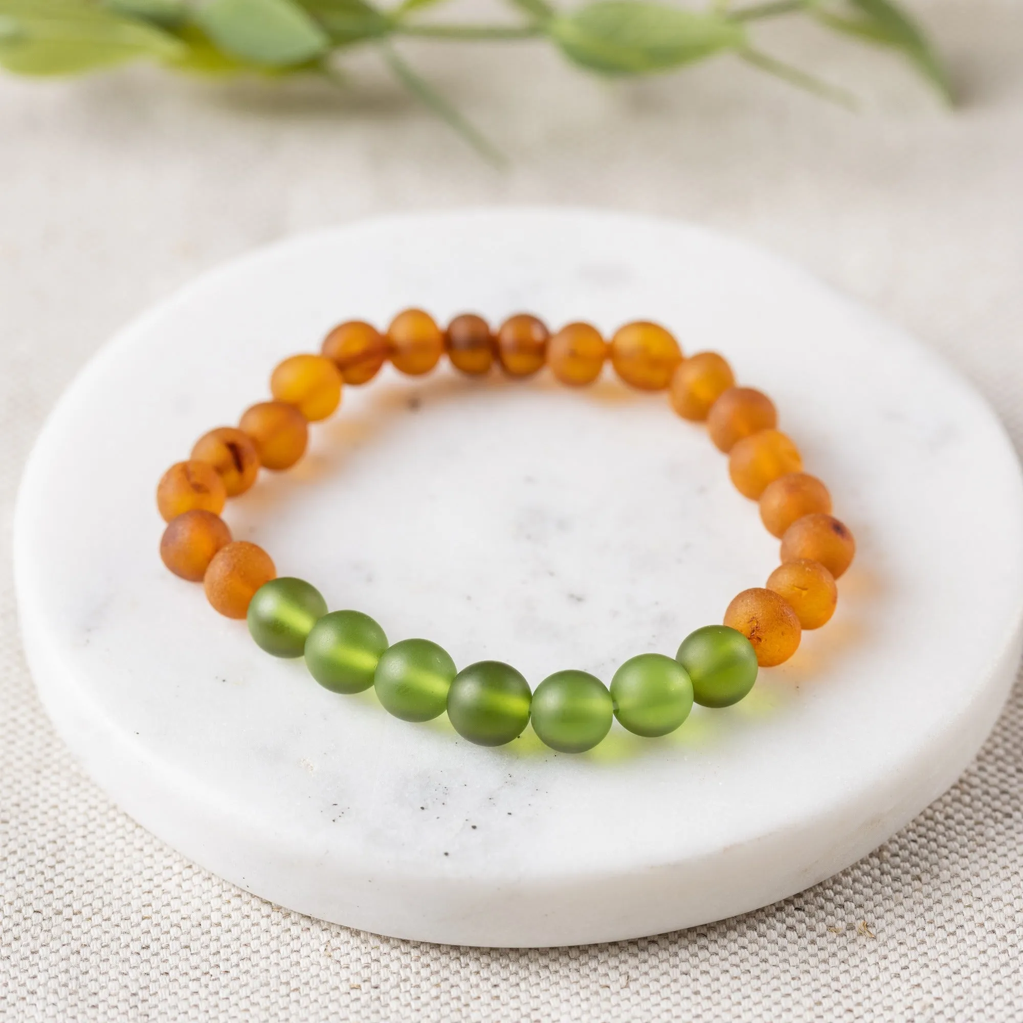 Adults | Green Sea Glass   Raw Cognac Amber Bracelet