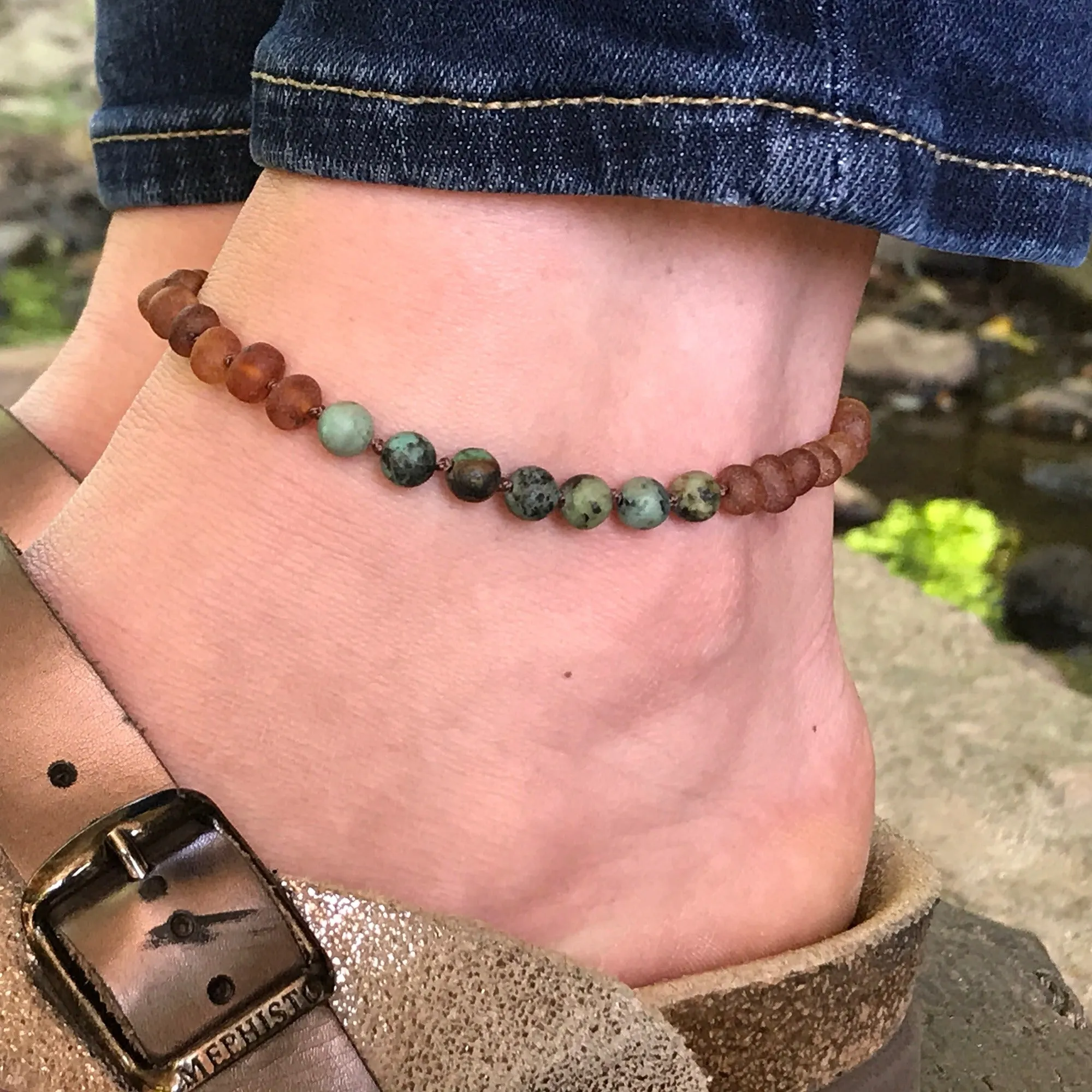 Adults | Lapis Lazuli   Raw Cognac Amber Anklet