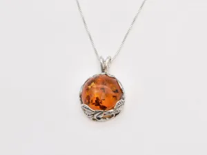 Amber Necklace - Leaf Amber Pendant - Round Statement Necklace