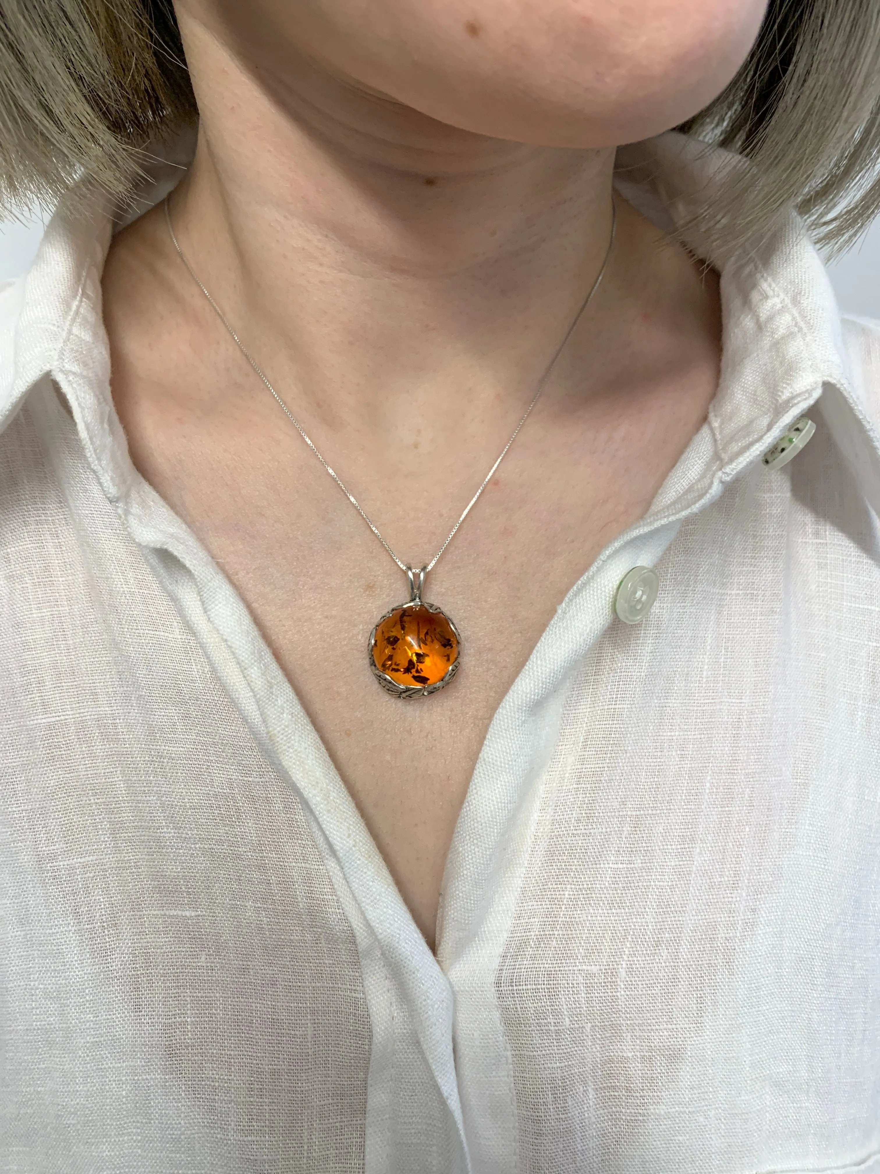 Amber Necklace - Leaf Amber Pendant - Round Statement Necklace