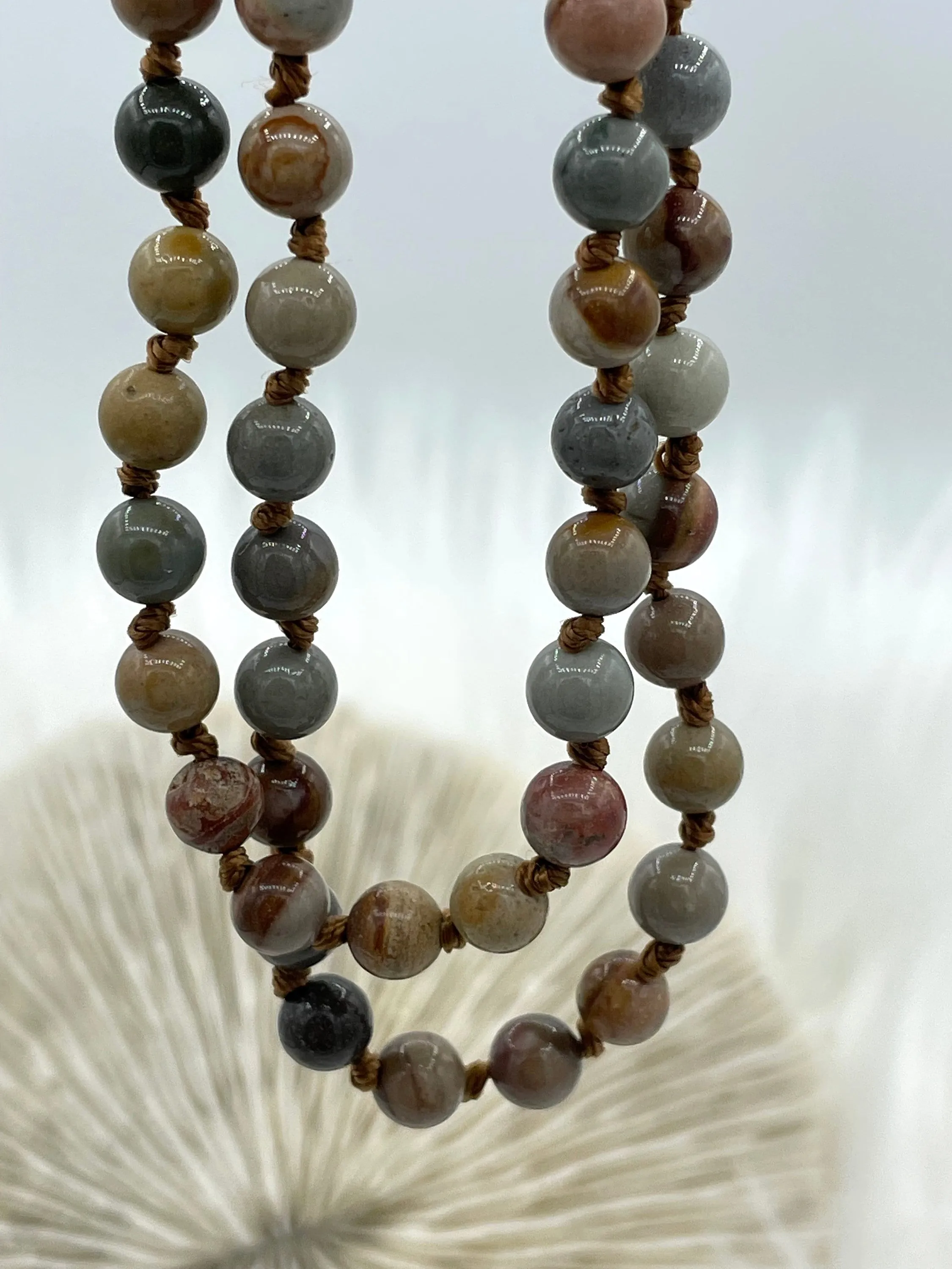 AMERICAN PICTURE JASPER  Hand Knotted Gemstone Necklace, 36" Natural Stone, 6mm or 8mm Round Polished with brown thread.Fast ship