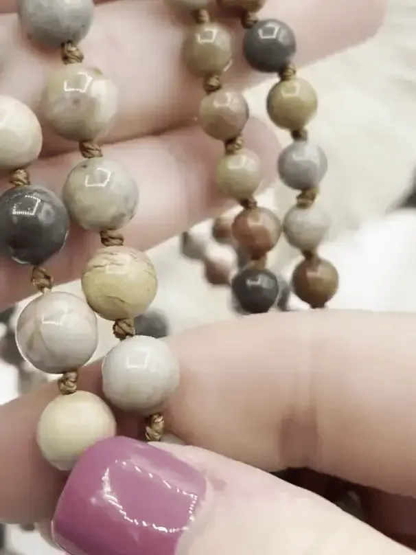 AMERICAN PICTURE JASPER  Hand Knotted Gemstone Necklace, 36" Natural Stone, 6mm or 8mm Round Polished with brown thread.Fast ship