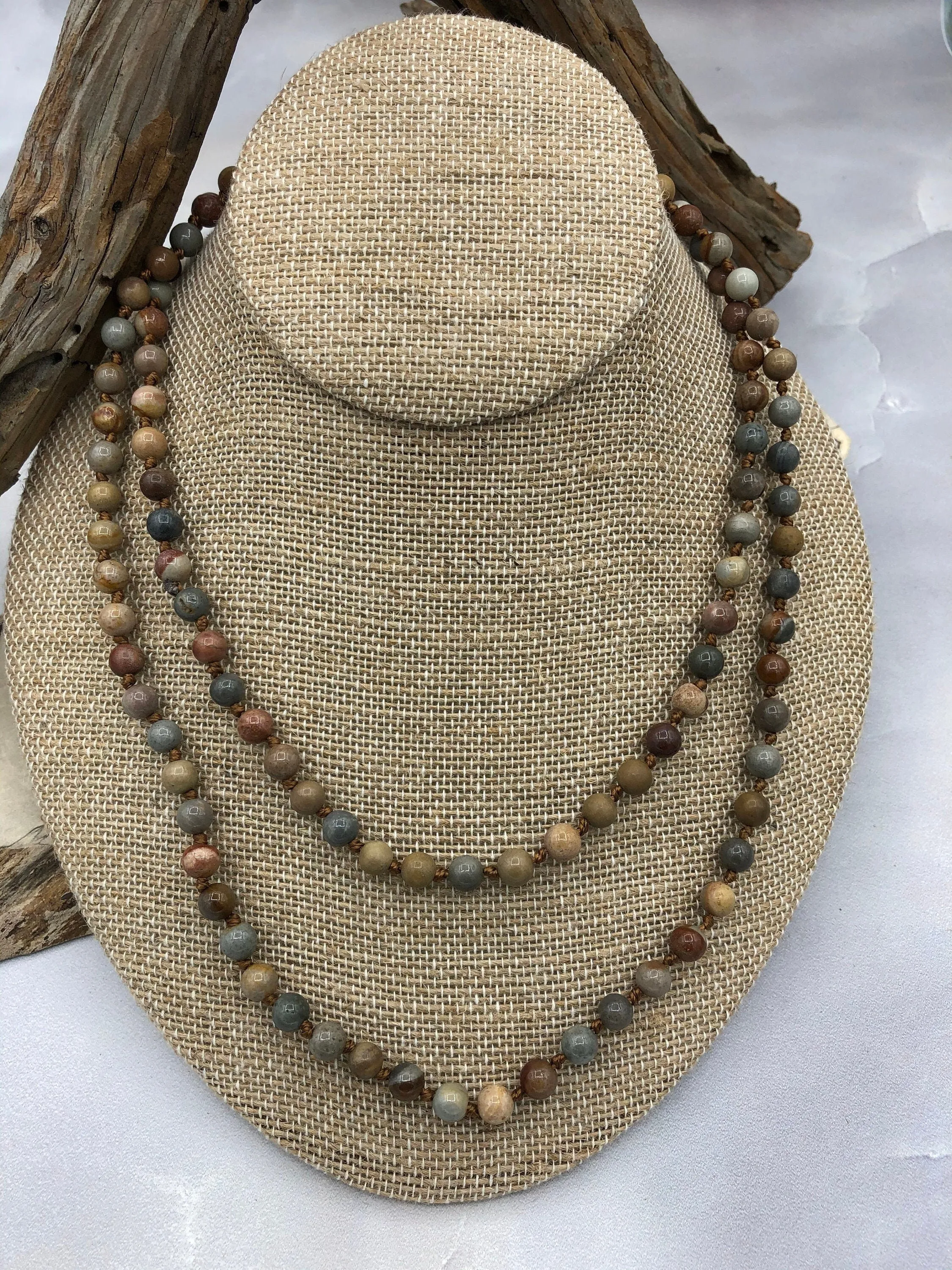AMERICAN PICTURE JASPER  Hand Knotted Gemstone Necklace, 36" Natural Stone, 6mm or 8mm Round Polished with brown thread.Fast ship