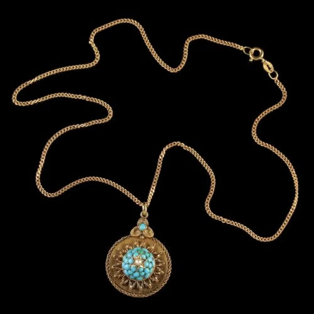Antique Victorian Gold Turquoise Locket Pendant Necklace Circa 1880