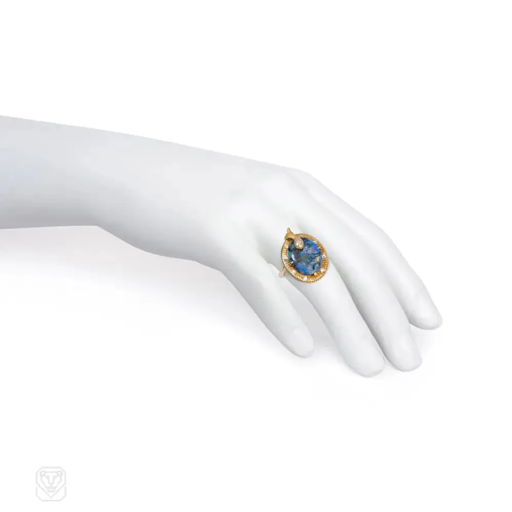 Art Nouveau gold, opal, and diamond snake ring