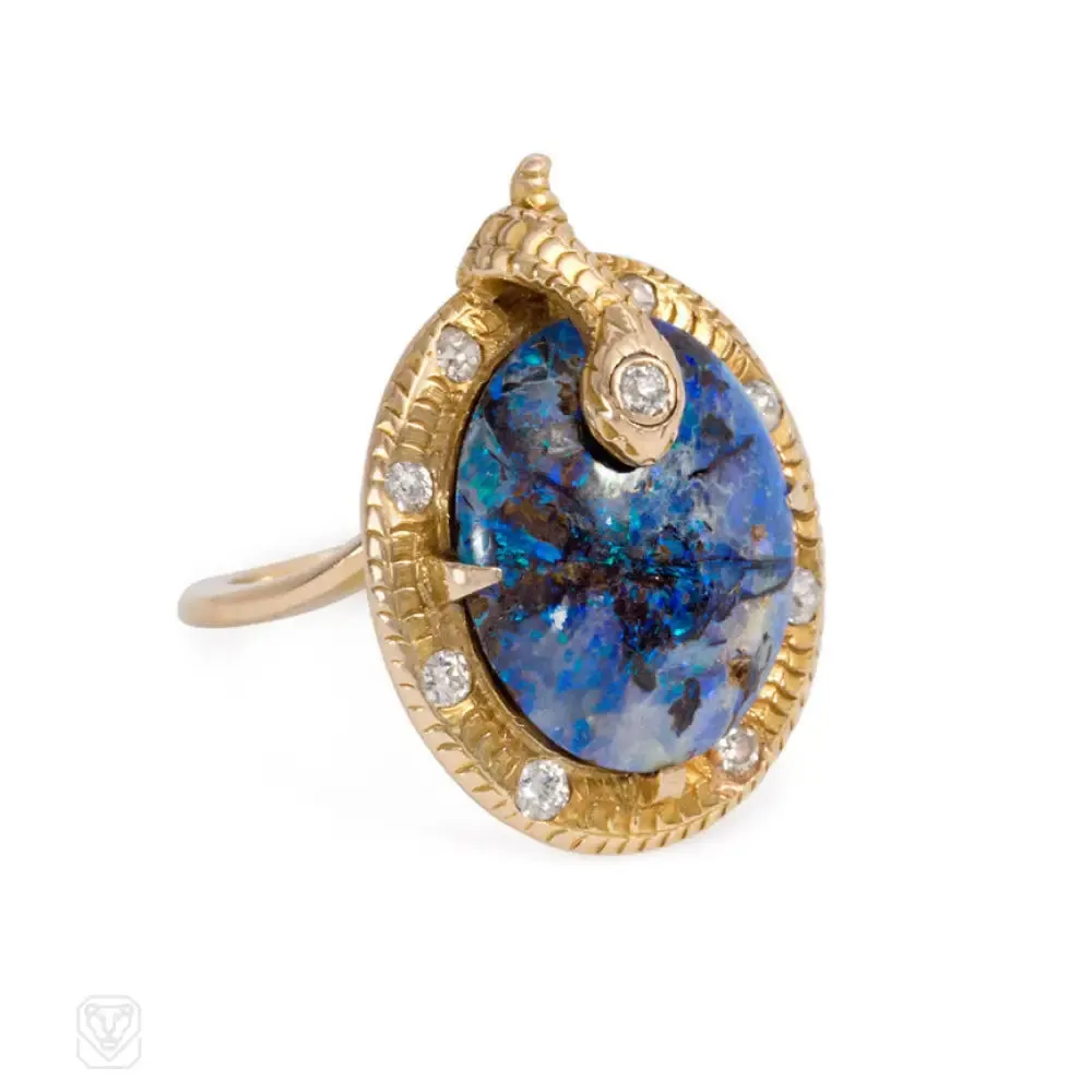 Art Nouveau gold, opal, and diamond snake ring