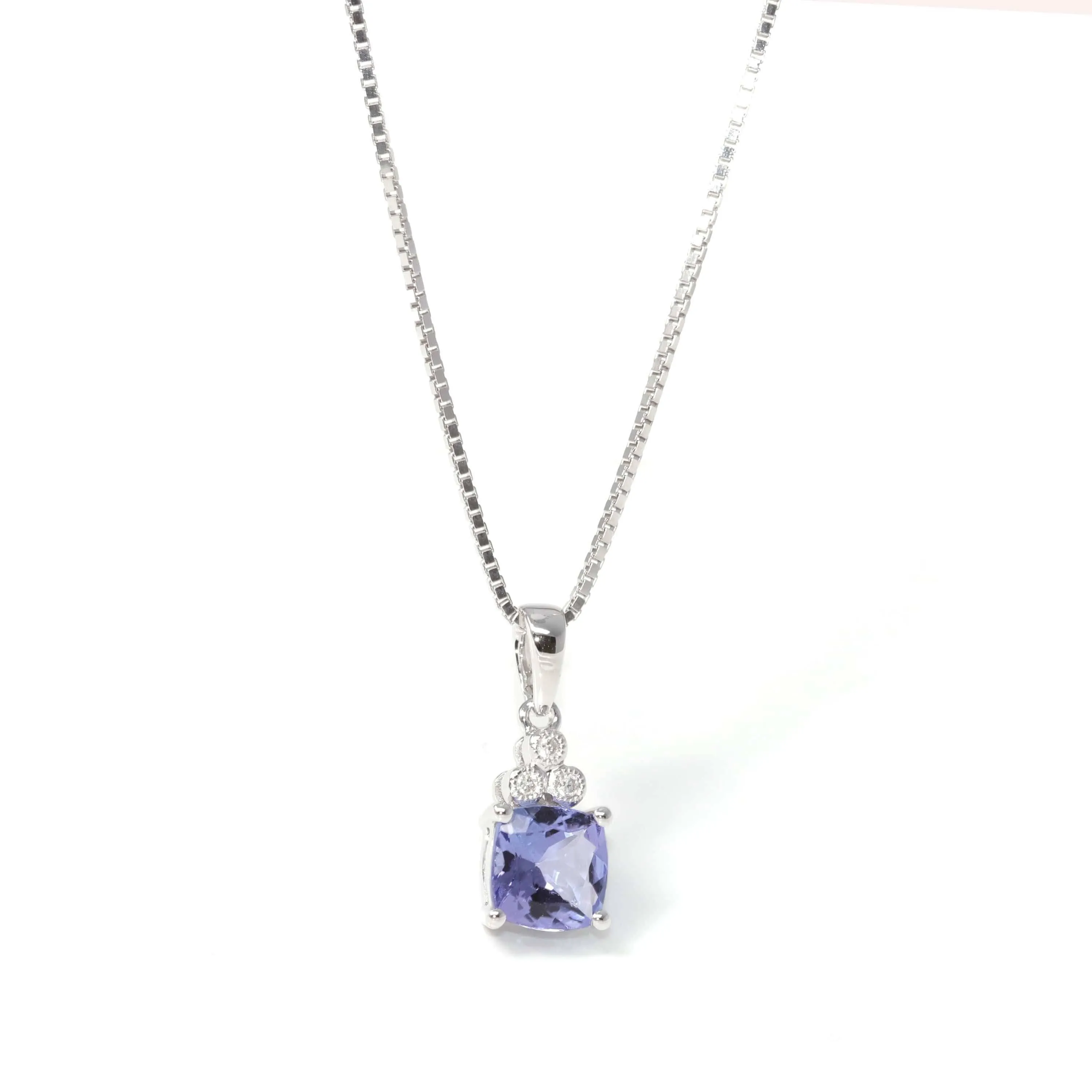 Baikalla™ 14k White Gold Natural Tanzanite Cushion Cut Prong Set Necklace With Diamonds