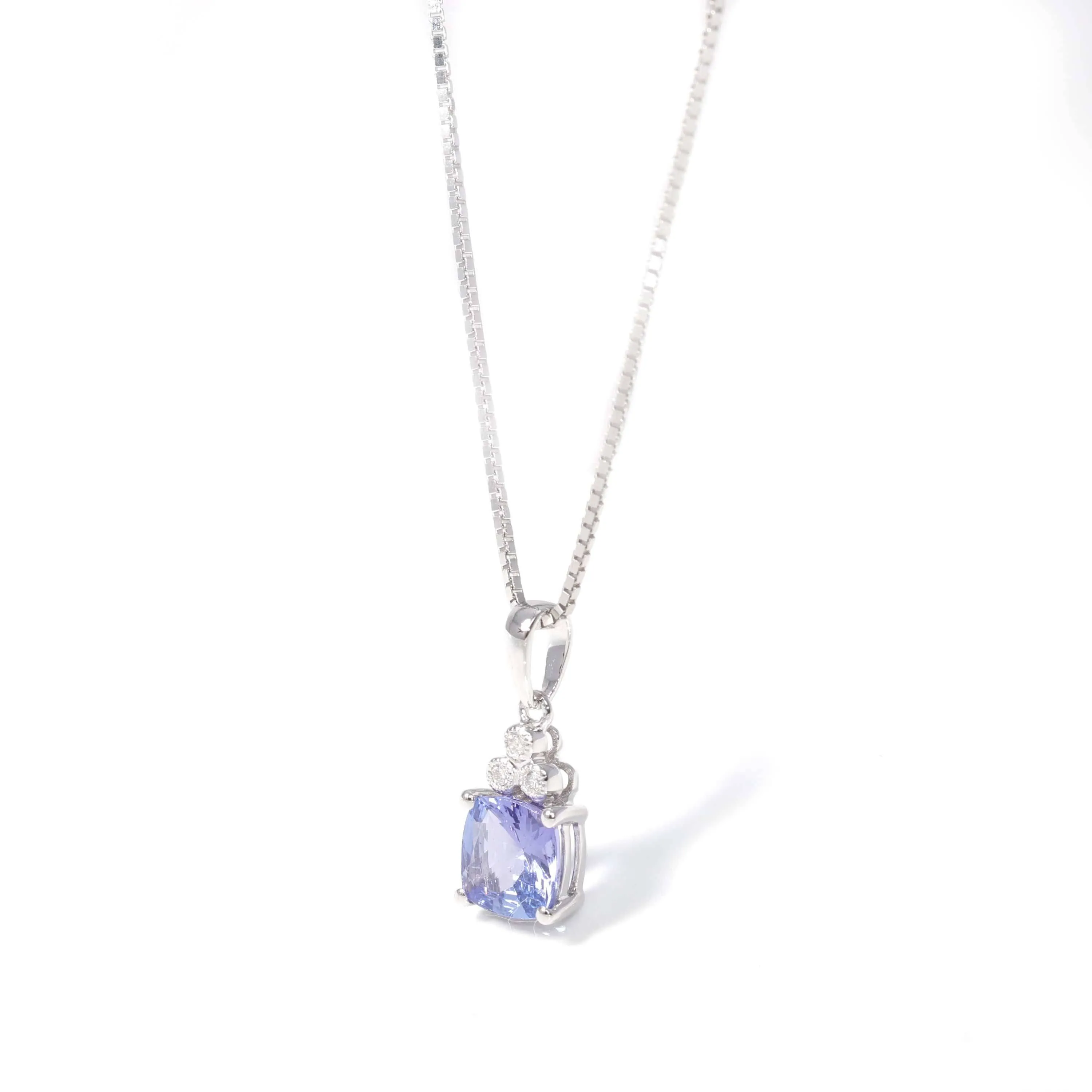 Baikalla™ 14k White Gold Natural Tanzanite Cushion Cut Prong Set Necklace With Diamonds